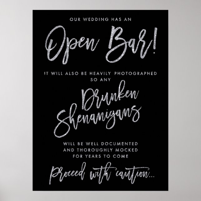 Póster Negro Y Plata Nuestro Boda Tiene Un Rótulo Bar Abi (Frente)