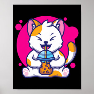 Póster Neko Kawaii Boba Tea De Gato Ríe Al Estilo Anime