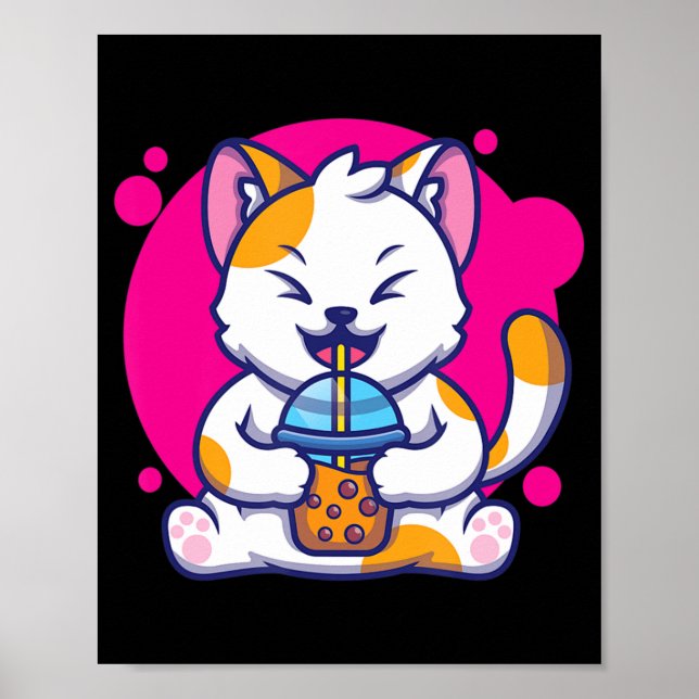 Póster Neko Kawaii Boba Tea De Gato Ríe Al Estilo Anime (Frente)