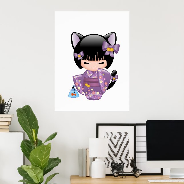 Póster Neko Kokeshi Doll - Chica Geisha (Oficina en casa)