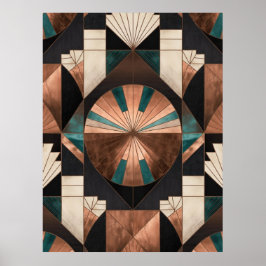 Póster  Neo Art Deco Geometric Teal Copper Gold Sunburst