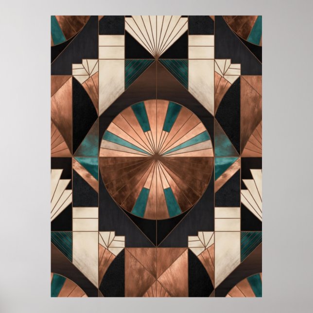 Póster  Neo Art Deco Geometric Teal Copper Gold Sunburst (Frente)