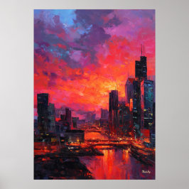 Póster Neo Expressionist Bangkok Skyline Vibrant Sunset