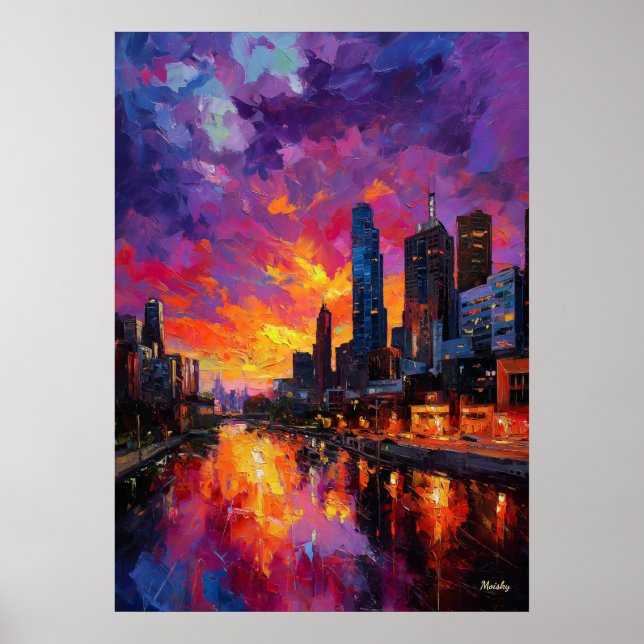 Póster Neo Expressionist Melbourne Skyline Vibrant Sunset (Frente)