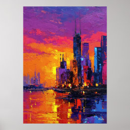 Póster Neo Expressionist Mumbai Skyline Vibrant Sunset