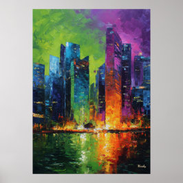 Póster Neo Expressionist Singapore Skyline Vibrant Sunset