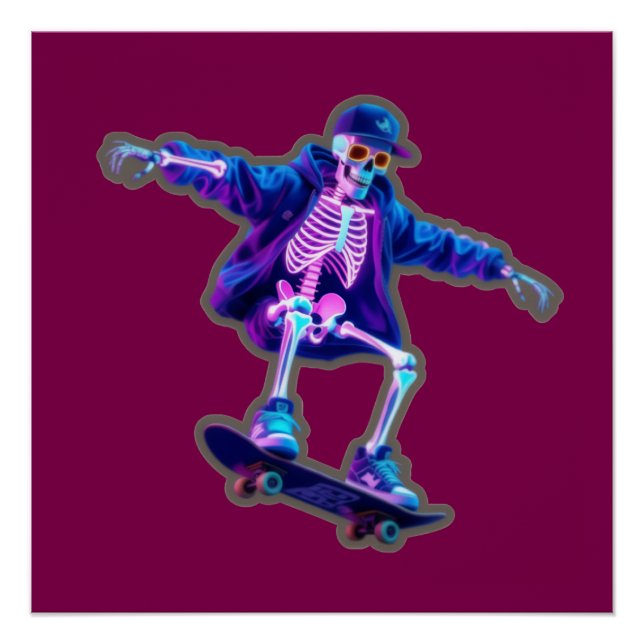 Póster Neon 3D Skeleton Skateboarding – Funny Streetwear  (Anverso)