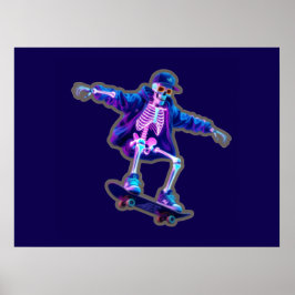 Póster Neon 3D Skeleton Skateboarding – Funny Streetwear 