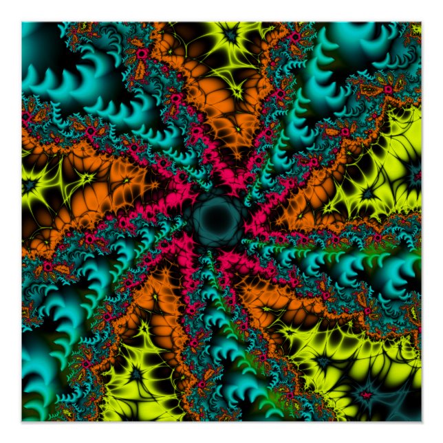 Póster Neón | Arte fractal azul y Naranja (Anverso)
