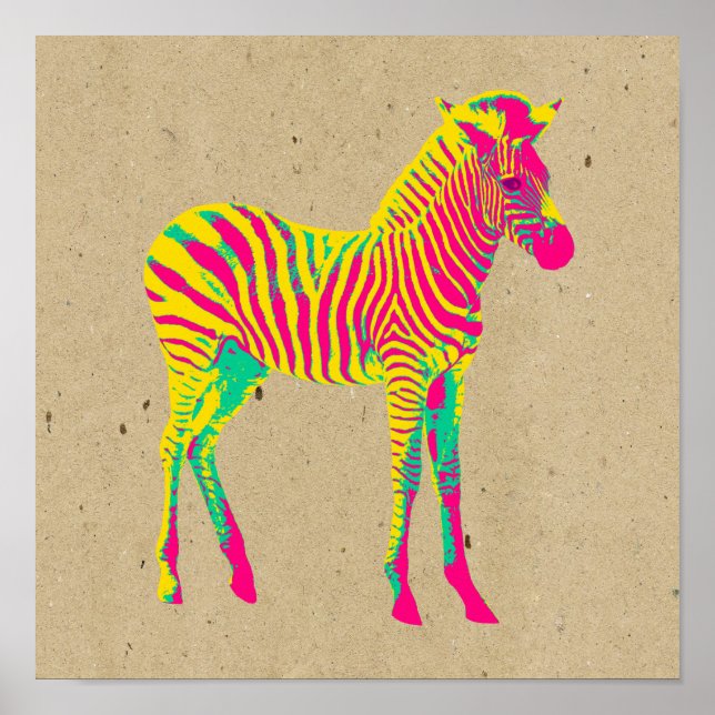 Póster Neon Baby Zebra Psicodélico Rosa Amarillo y Verde (Frente)