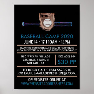 Póster Neon Baseball Bat & Gear, Anuncio de Campamento de