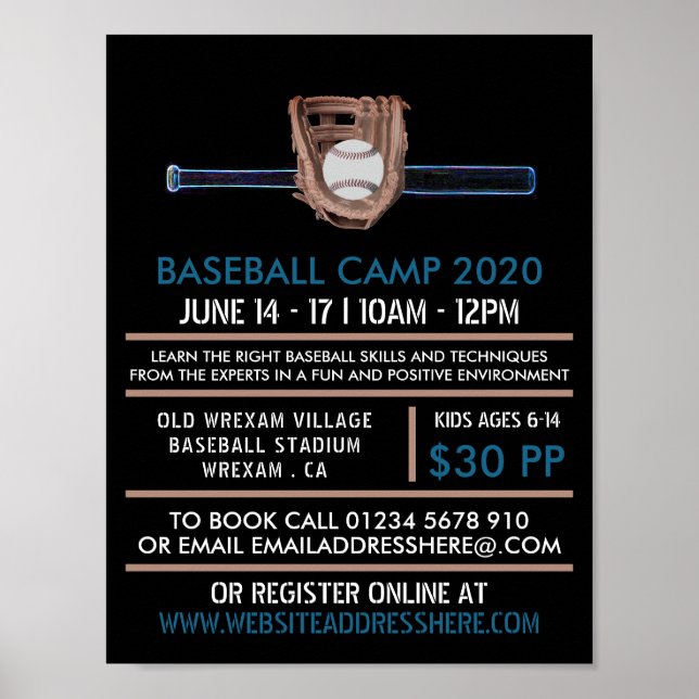 Póster Neon Baseball Bat & Gear, Anuncio de Campamento de (Frente)