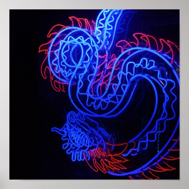 Póster Neon Blue Dragon Black Background Bright (Frente)