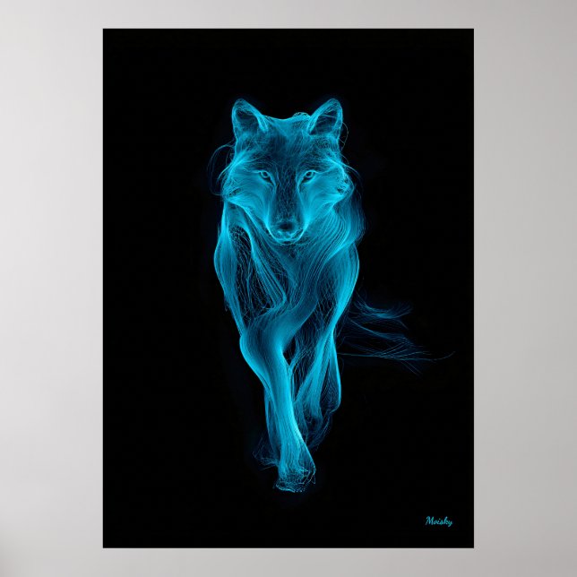 Póster Neon Blue Wolf Futuristic Filament Wall Art (Frente)