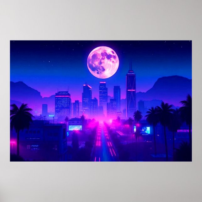 Póster Neon City Synthwave Sunset XL Area Rug (Frente)