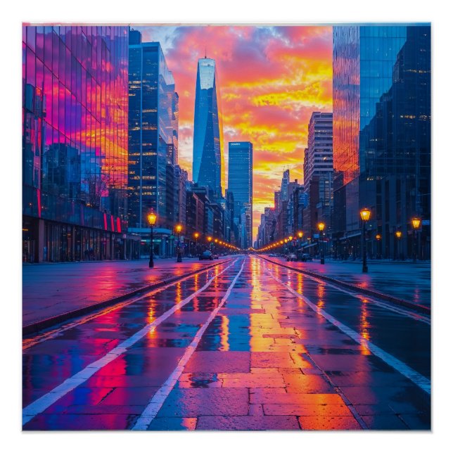 Póster Neon Cityscape en Sunset Futuristic Urban (Anverso)