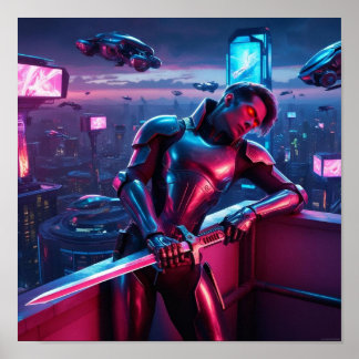 Póster Neon Cyber Warrior Poster - Ciencia Ficción Futuri