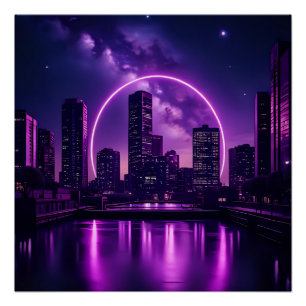 Póster Neon Cyberpunk Cityscape - Futurista Púrpura