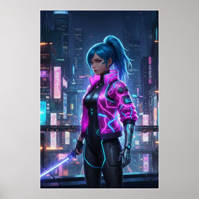 Póster Neon Cyberpunk Girl | Futuristic City Warrior (Frente)