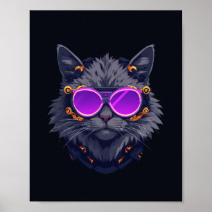 Póster Neon de Gata Bruja Mecha Ciberpunk