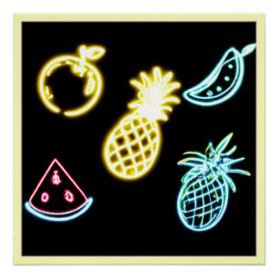 Póster Neón de piña y frutas tropicales