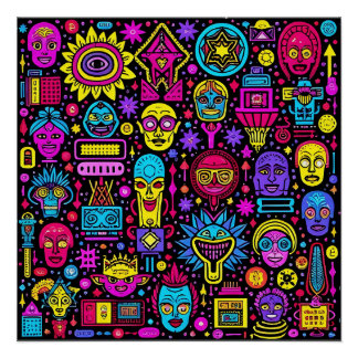Póster Neon Doodle Faces - Vibrante patrón de arte callej