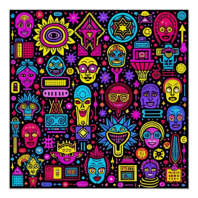 Póster Neon Doodle Faces - Vibrante patrón de arte callej (Anverso)