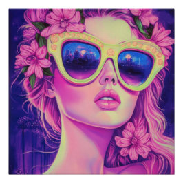 Póster Neon Dream Chica con gafas de sol florales