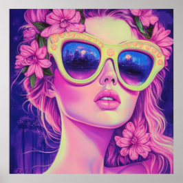 Póster Neon Dream Chica con gafas de sol florales