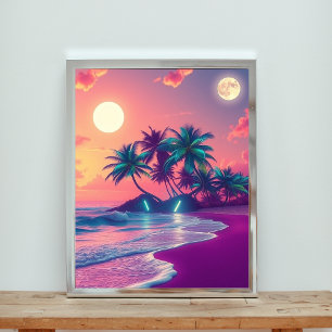 Póster Neon Dreams: Una serena puesta de sol en una playa