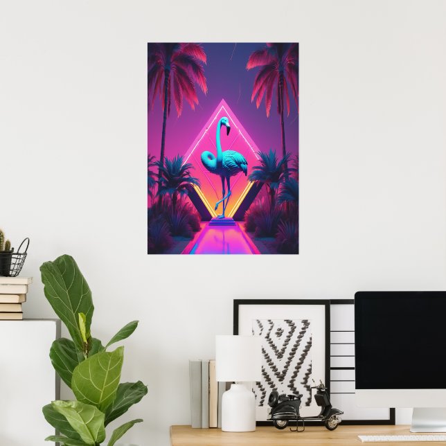 Póster Neon Flamingo Palm Trees Vaporwave Estético (Oficina en casa)