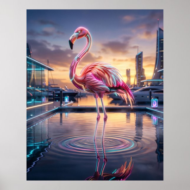 Póster Neon Flamingo Sunset Marina (Frente)