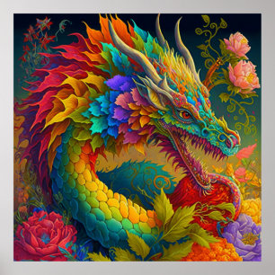 Póster Neon Floral Dragon