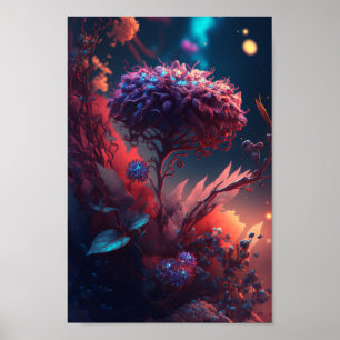 Póster Neon Floral Fantasy Art brillante