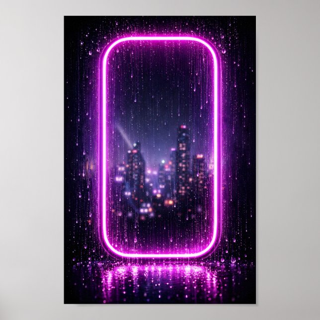 Póster Neon Frame City Rain Synthwave (Frente)