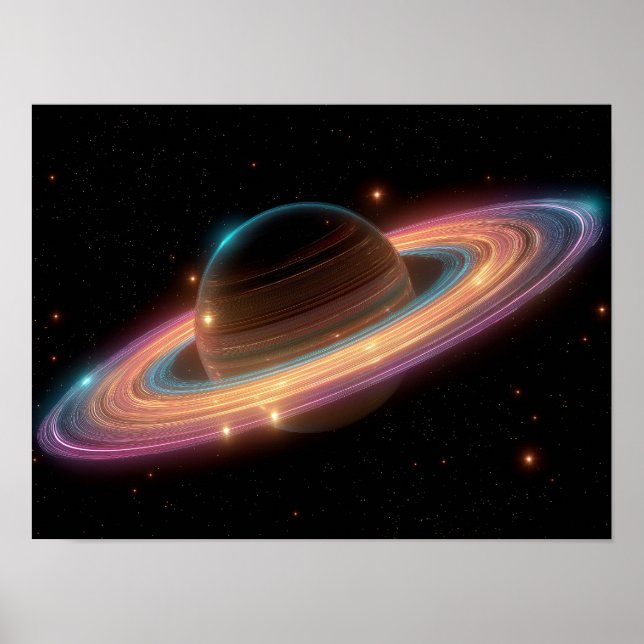 Póster Neon Galactic Ring Planet Digital Art Cosmic  (Frente)