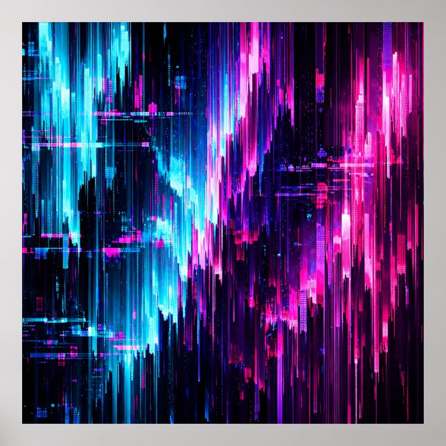 Póster Neon Glitch Data Stream Abstract (Frente)