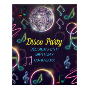Póster Neon Glow Disco Dance Birday Party