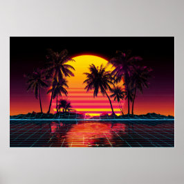 Póster Neon Grid Palm Sunset