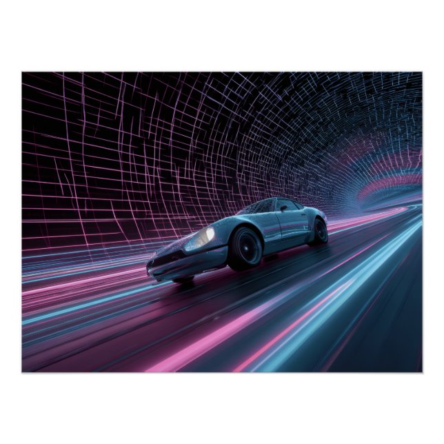 Póster Neon Grid Racer in Futuristic Tunnel (Anverso)
