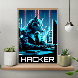 Póster Neon Hacker Wolf Cyberpunk Style