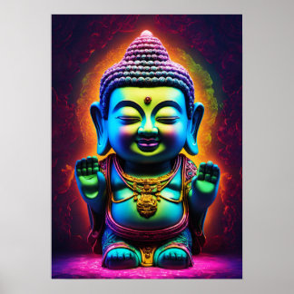 Póster "Neon Harmony: Buda 3D Adorable en vidrio