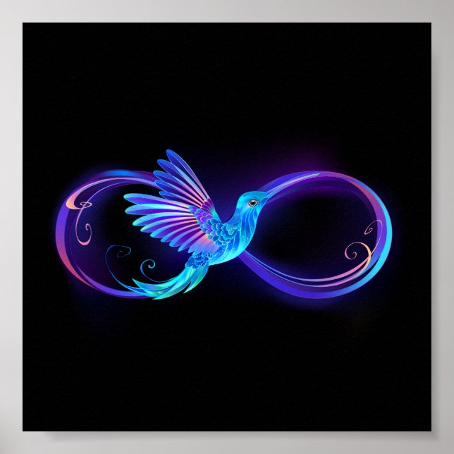 Póster Neon Infinity Symbol with Glowing Hummingbird (Frente)