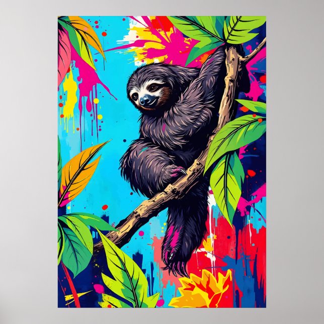 Póster Neon Jungle Sloth - Color Splash Animal Art (Frente)