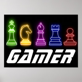 Póster Neon Lights Gamer Chess Pieces Chess King
