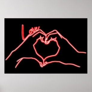 Póster Neon Love Hand Heart Line Art Dibujo Moderno