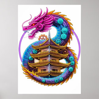 Póster Neon Mechanical Dragon Pagoda Emblem Art