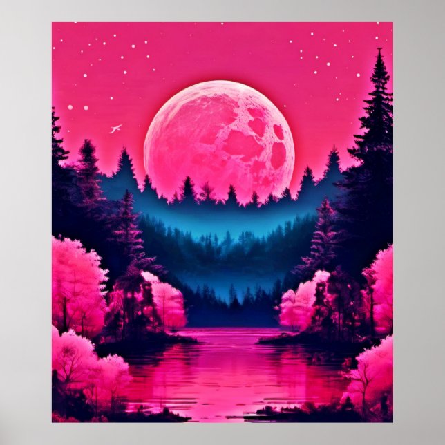 Póster Neon Moonlit Fantasy Forest Lake (Frente)