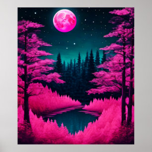 Póster Neon Moonlit Forest Fantasy Art