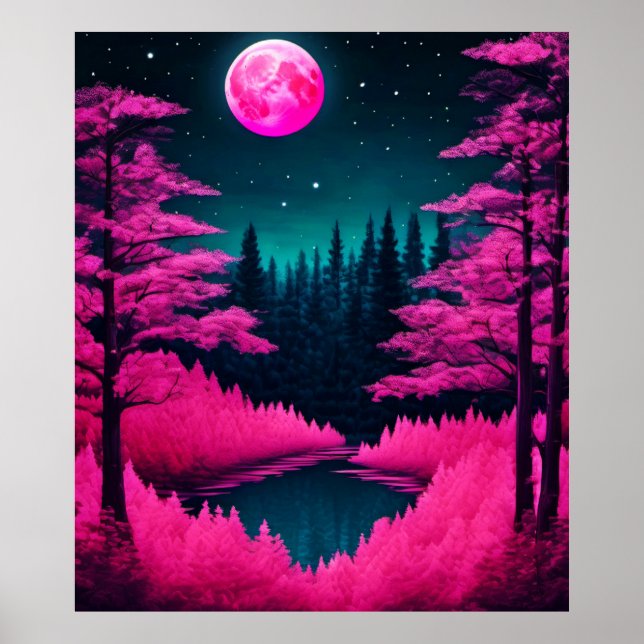 Póster Neon Moonlit Forest Fantasy Art (Frente)